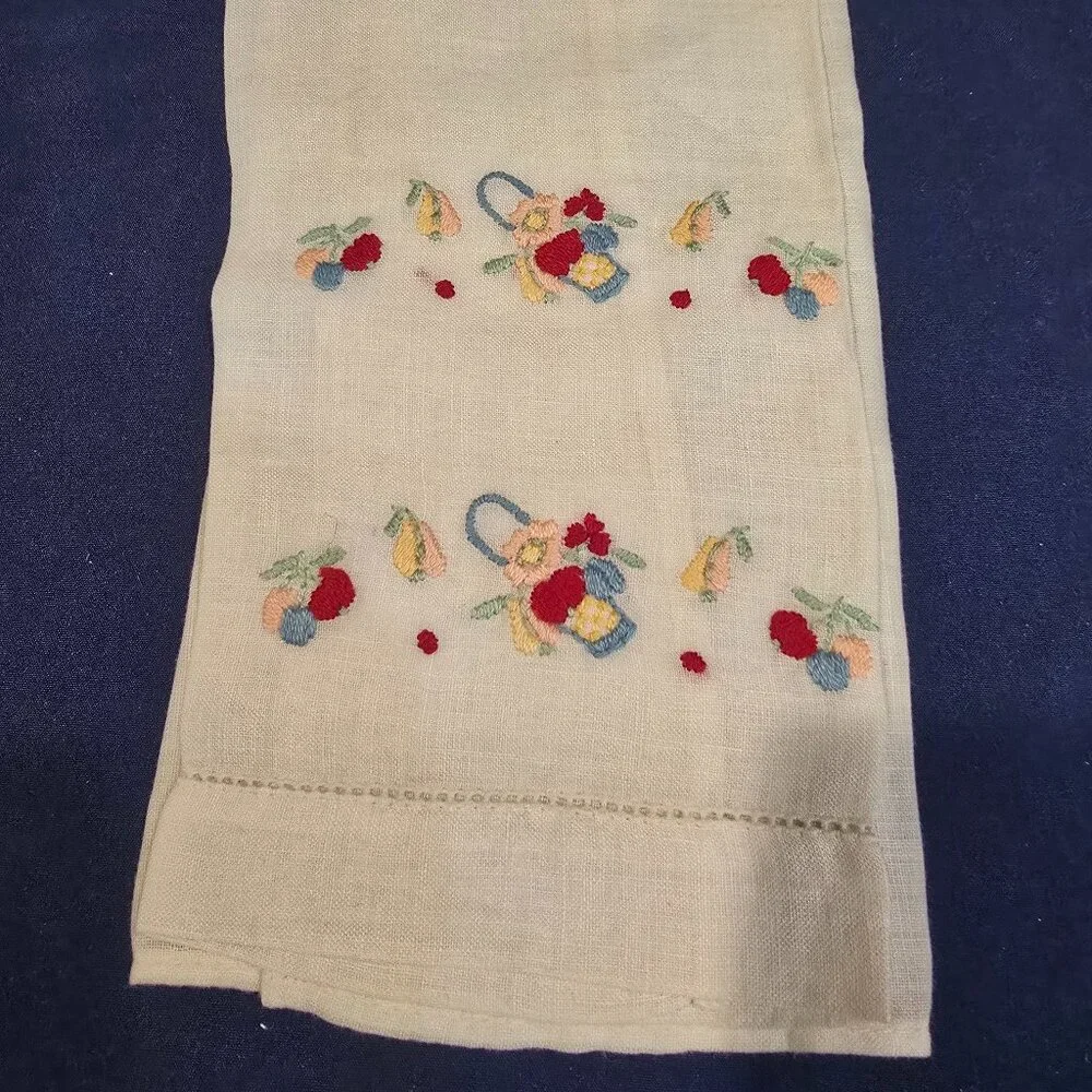 Hand Towel Linen White Flower Basket Fruit 1950s MCM Blue Peach Green Red Yellow